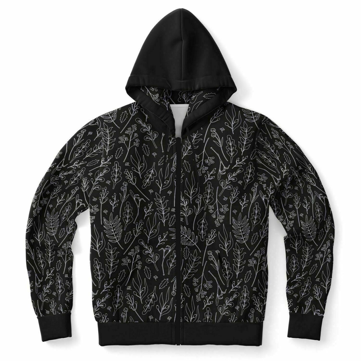 Black Silver Leaves Zip Hoodie - extra bright