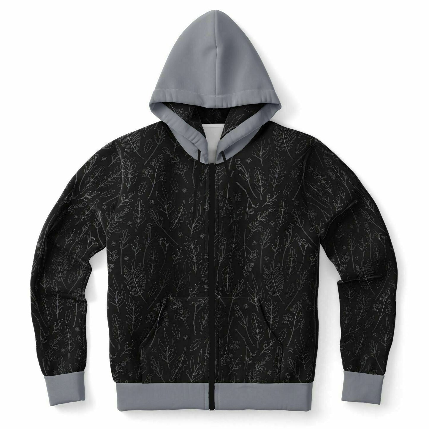 Black-Silver Leaves Zip Hoodie Unisex - silver hood 2