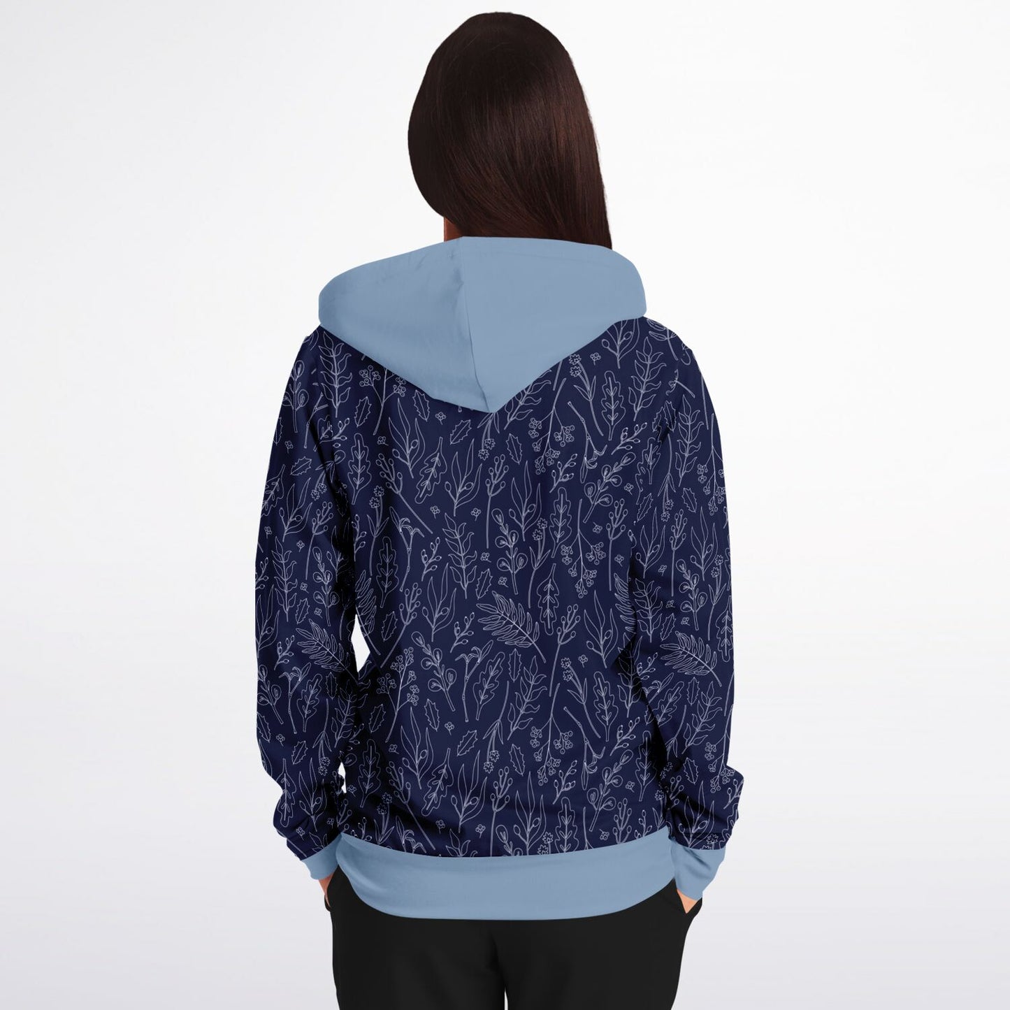 Blue Silver leaves Zip Hoodie - light blue hood