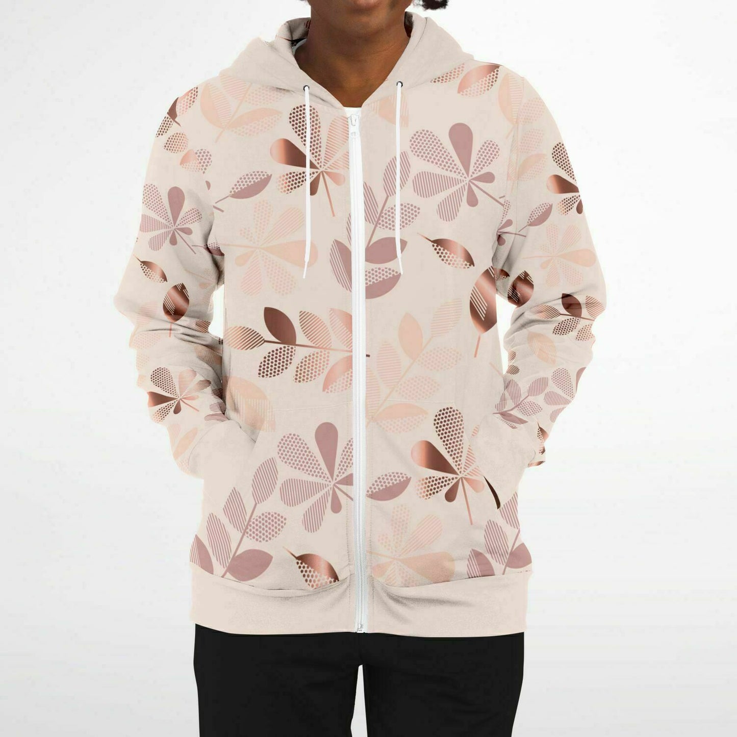 Pale Pink Leaves Zip Hoodie