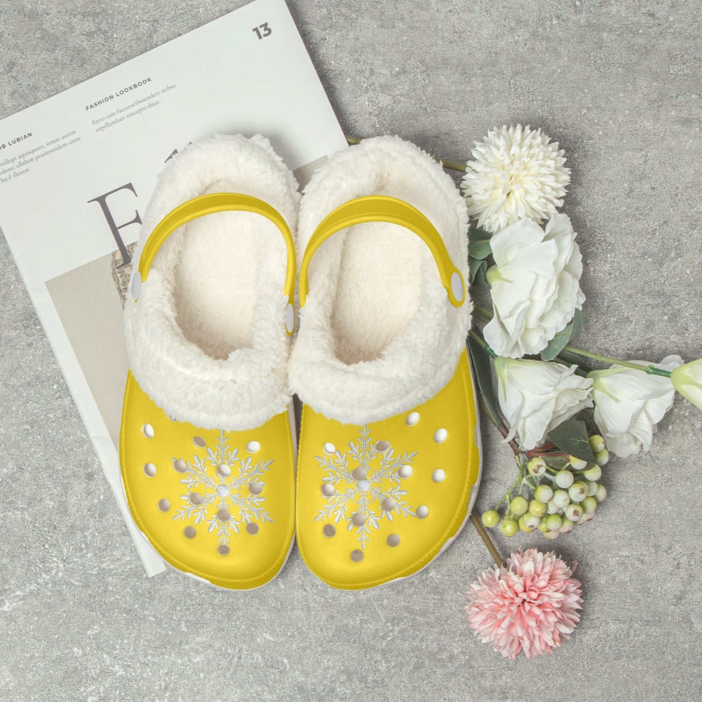 Yellow Snowflakes Lined  Clogs (Big Kids to Adult Sizes)