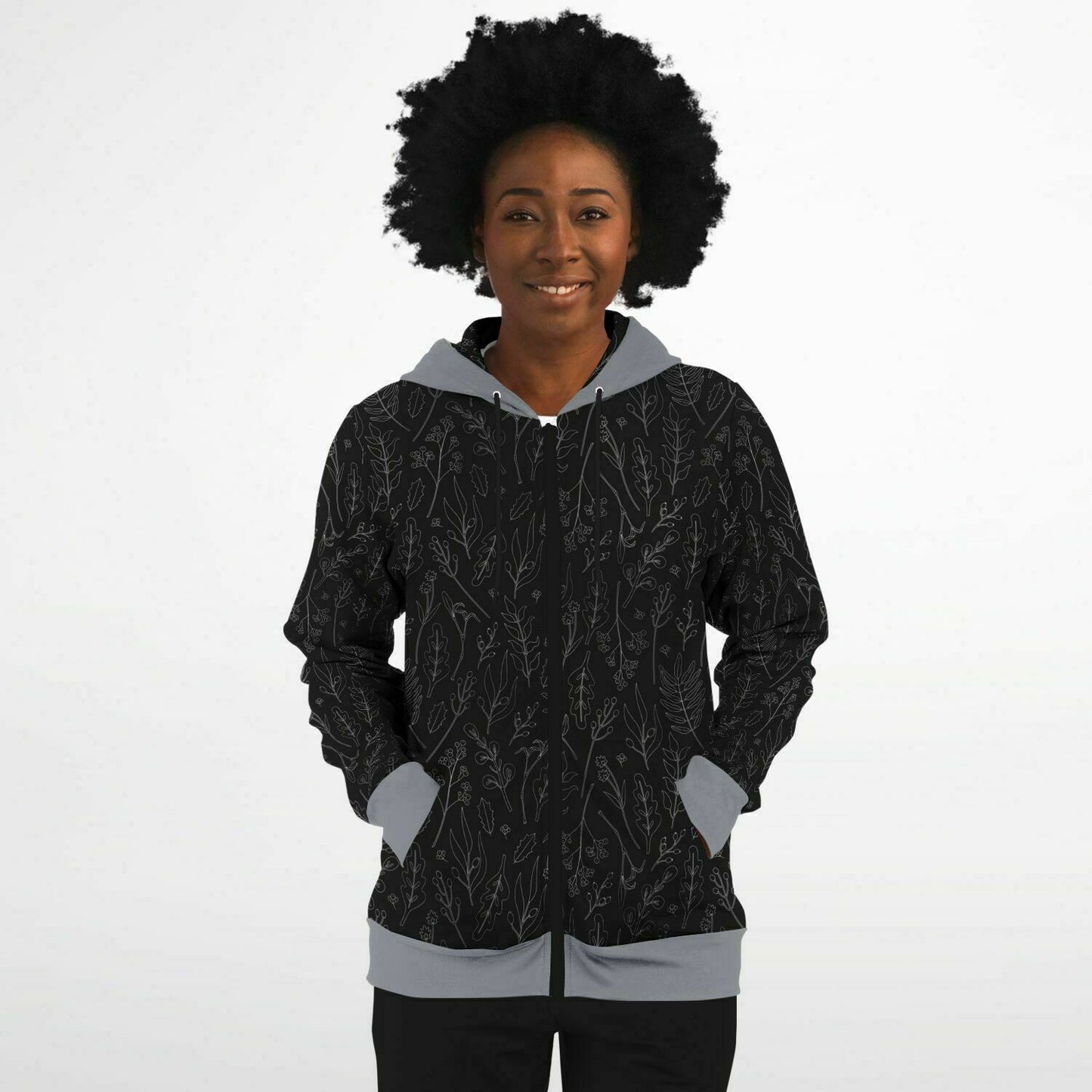 Black-Silver Leaves Zip Hoodie Unisex - silver hood 2