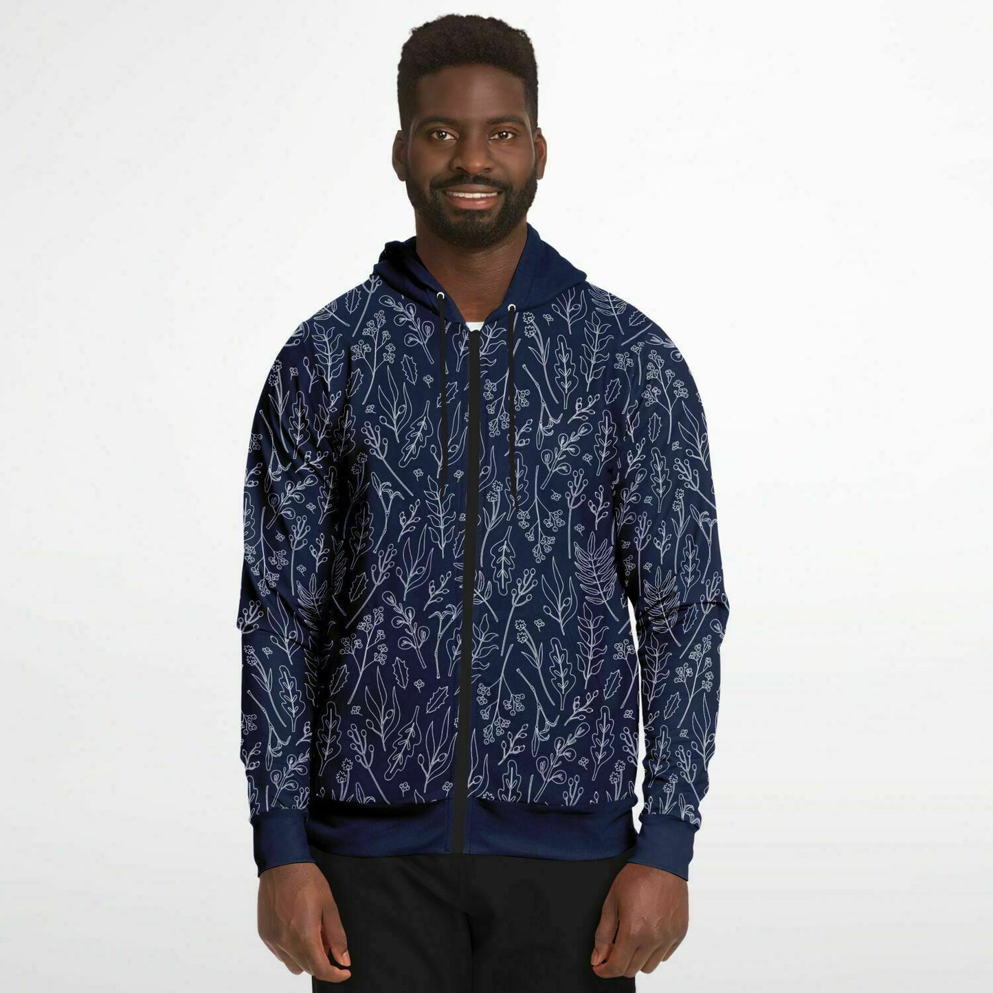 Blue Silver Leaves Zip Hoodie - extra bright