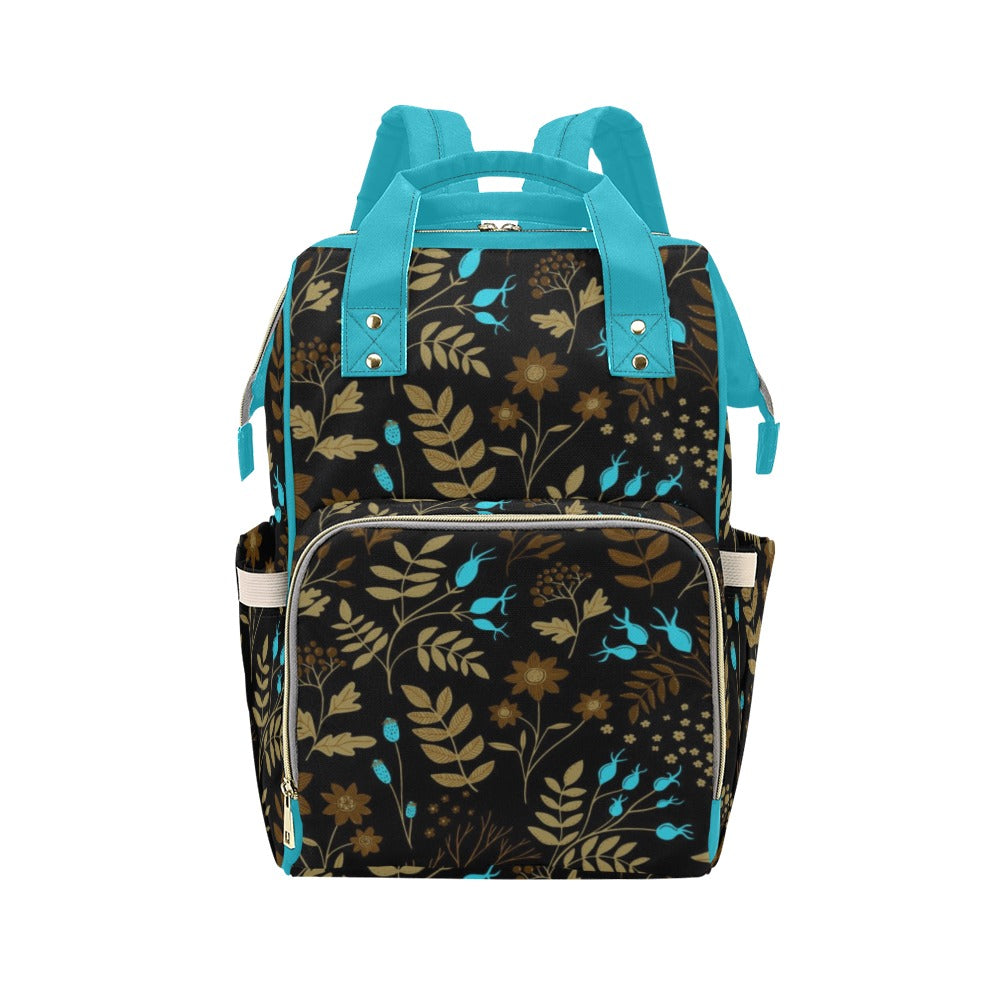 Dark Brown-Blue Flowers Multipurpose Backpack/Diaper Bag