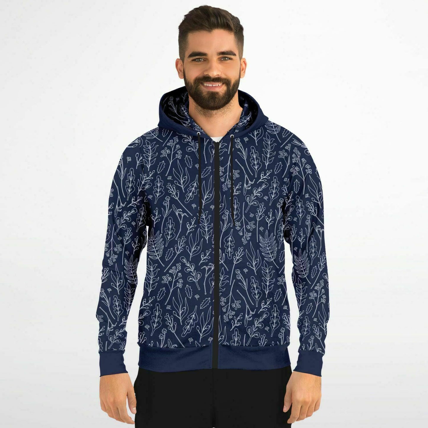 Blue Silver Leaves Zip Hoodie - extra bright