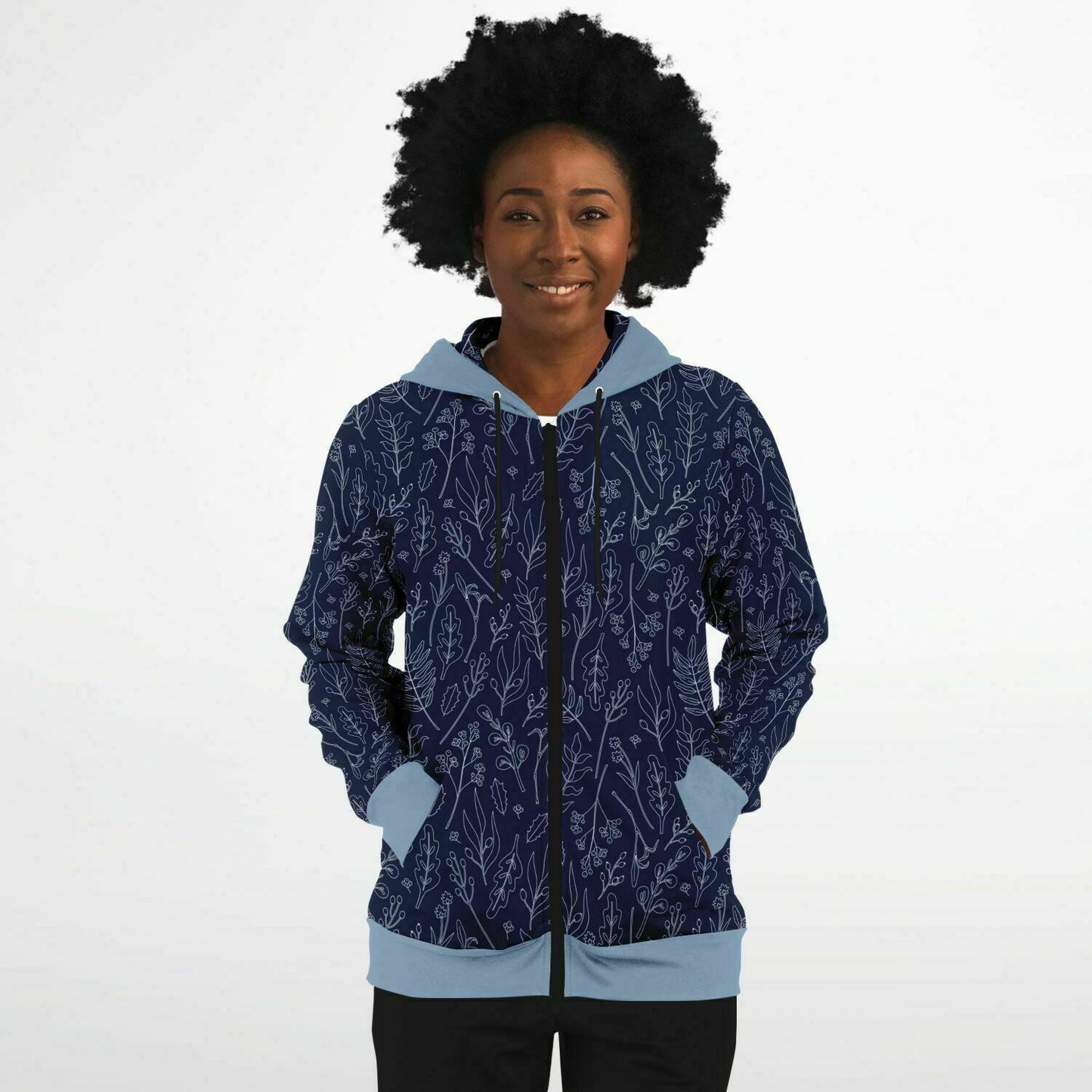 Blue Silver leaves Zip Hoodie - light blue hood