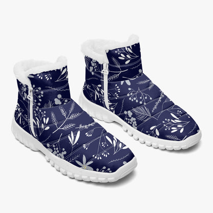 Dark Blue Winter Flowers Fur Zipper Boots