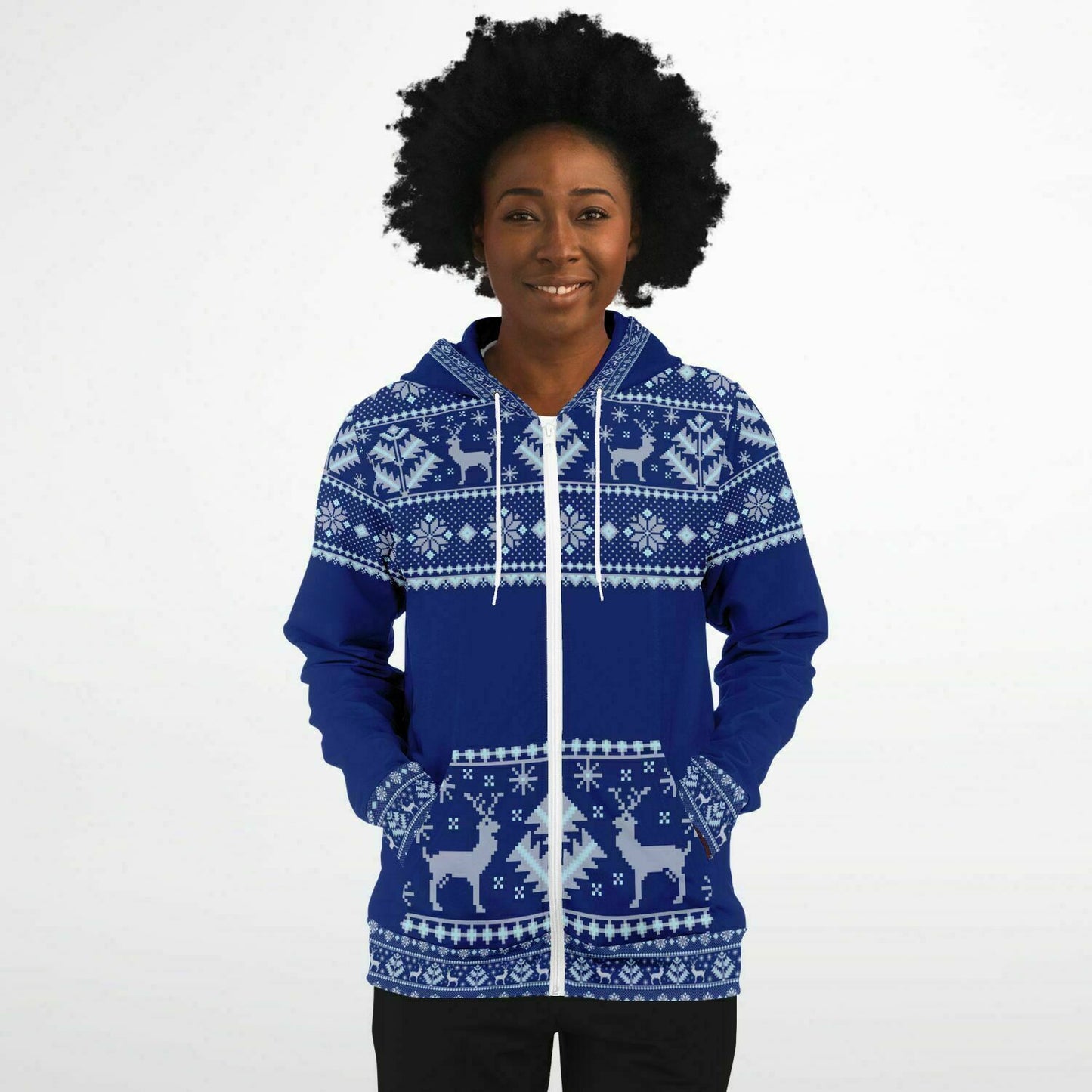 Dark Blue Deer Pattern Zip Hoodie Unisex