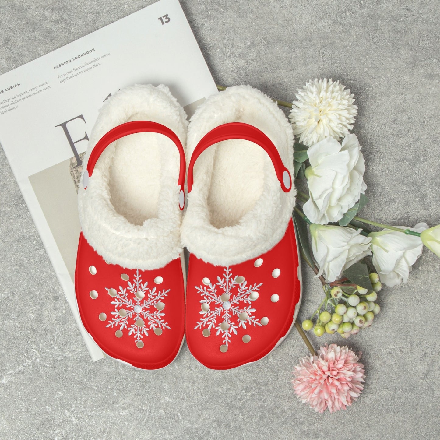 Red Snowflakes Lined  Clogs (Big Kids to Adult Sizes)