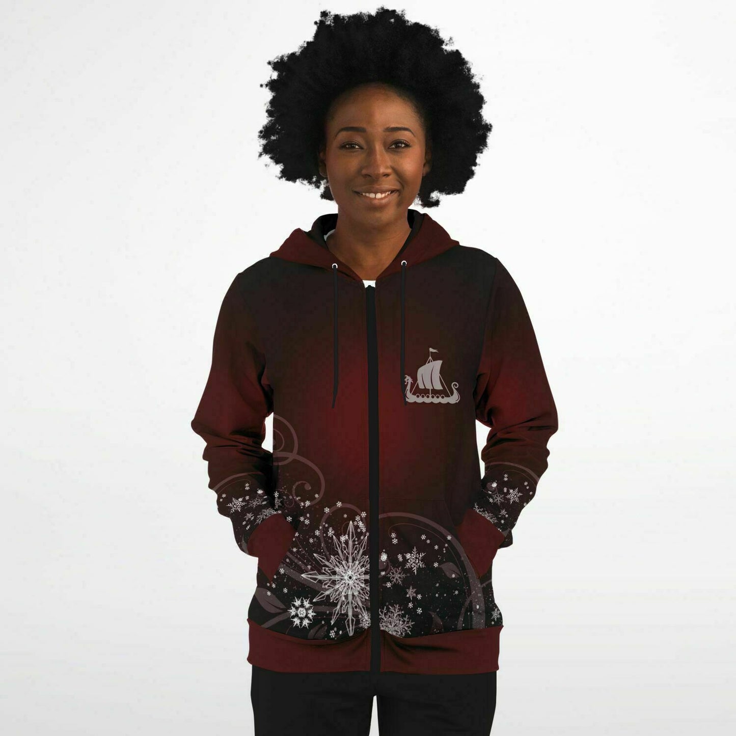 Dark Red Snowflake Zip Hoodie -ghost