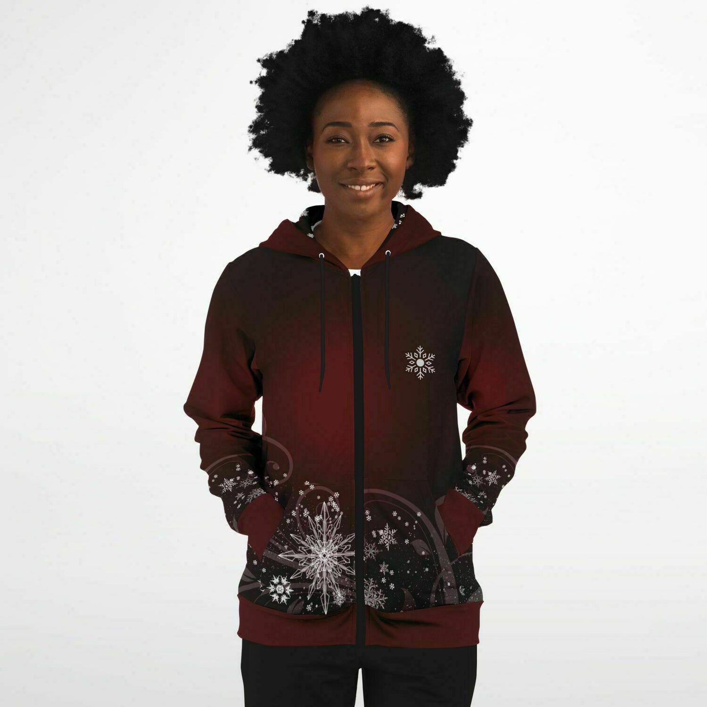 Dark Red Snowflake Zip Hoodie