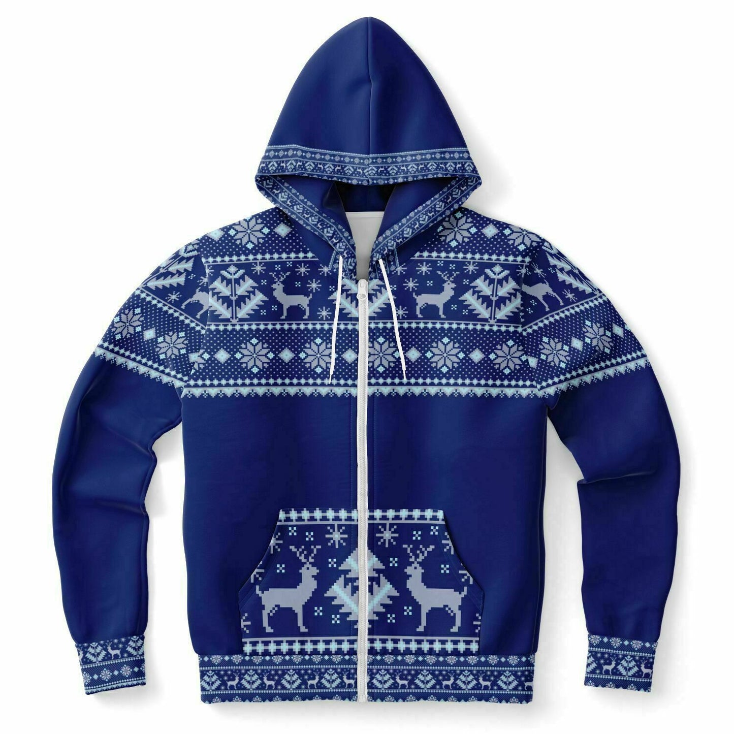 Dark Blue Deer Pattern Zip Hoodie Unisex