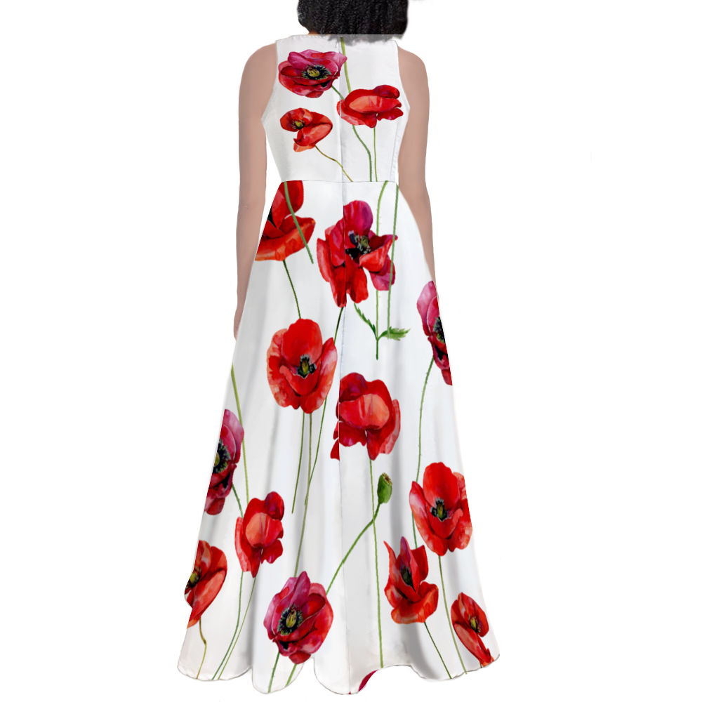 Poppies on White Sleeveless  Maxi Dress