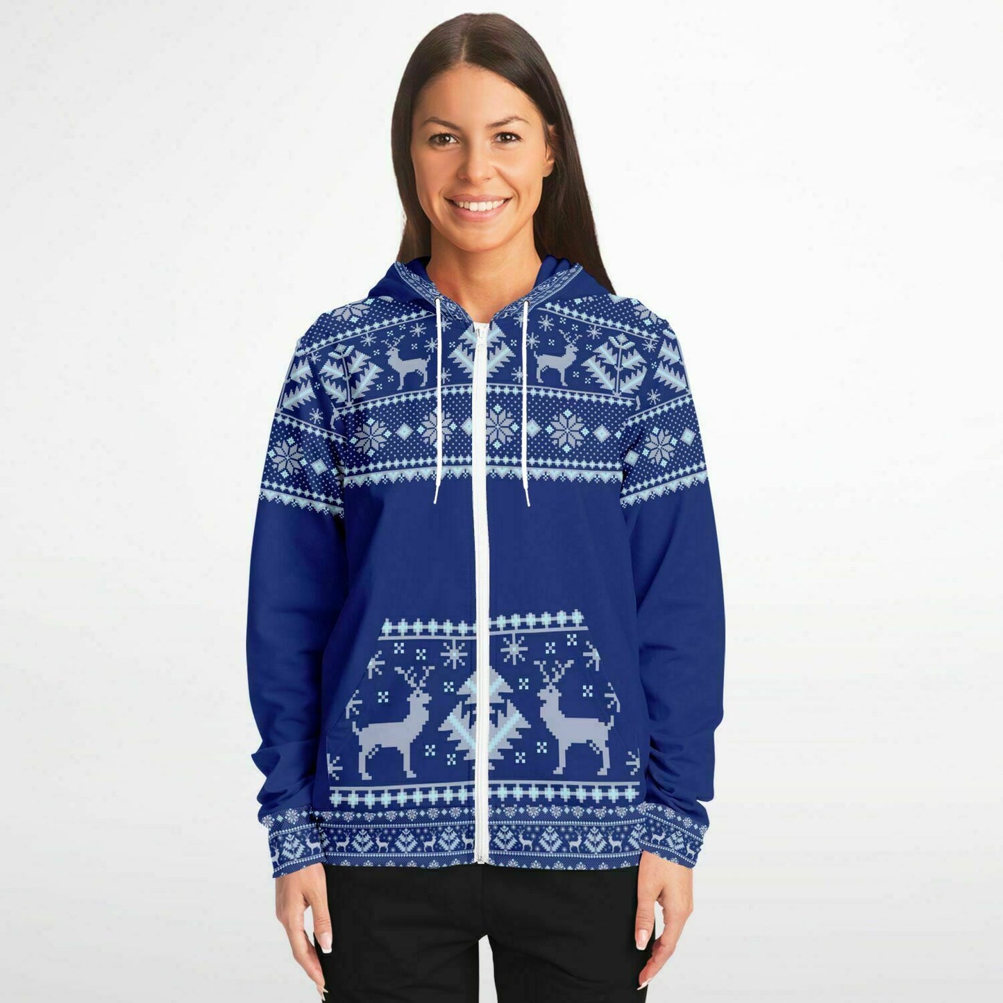 Dark Blue Deer Pattern Zip Hoodie Unisex