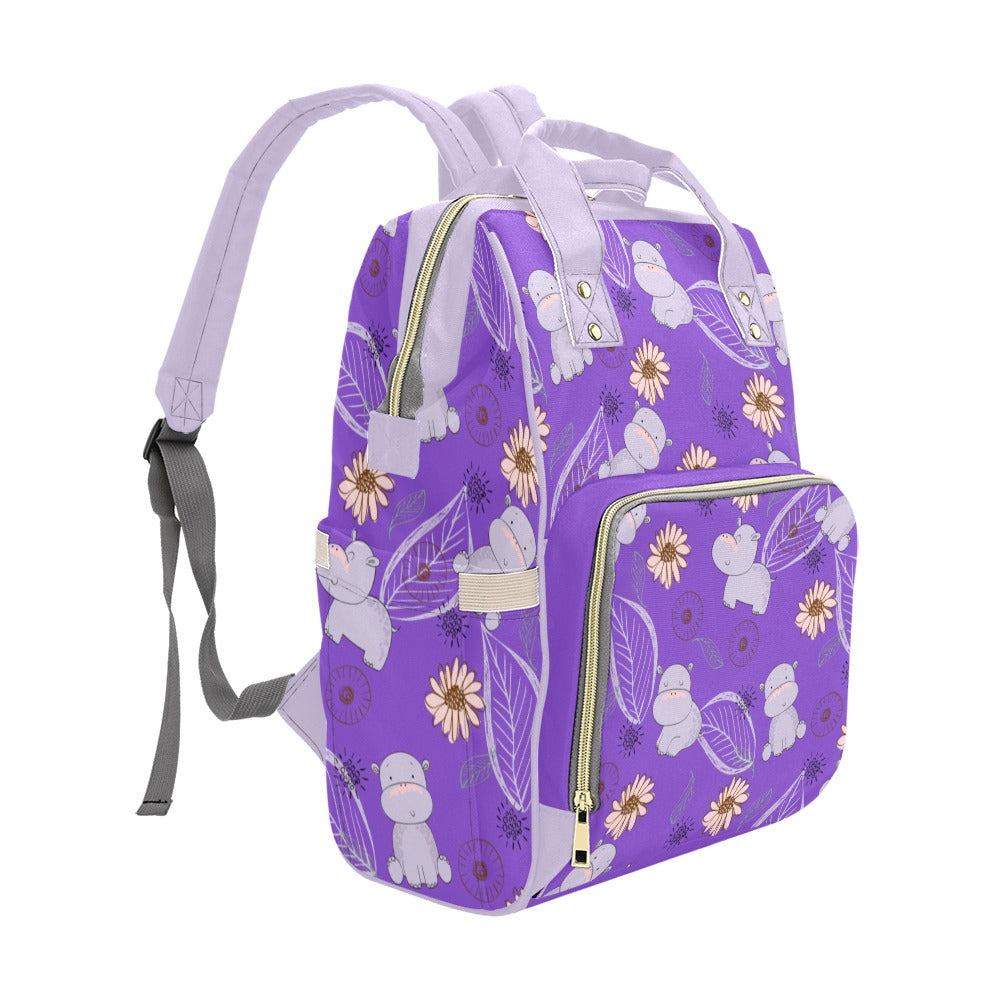 Bright Purple Hippos Multipurpose Backpack/Diaper Bag