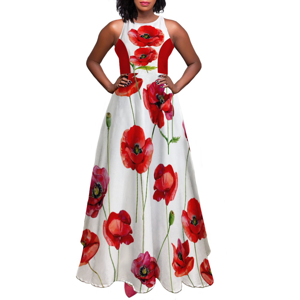 Poppies on White Sleeveless  Maxi Dress