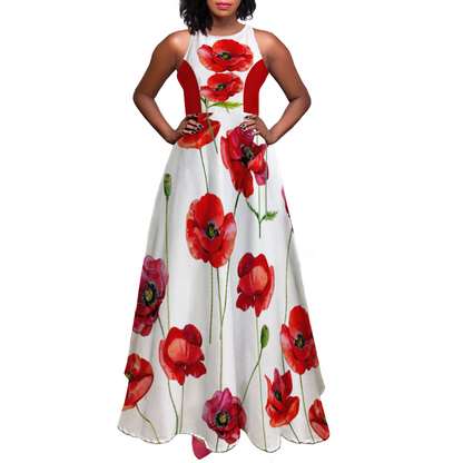 Poppies on White Sleeveless  Maxi Dress