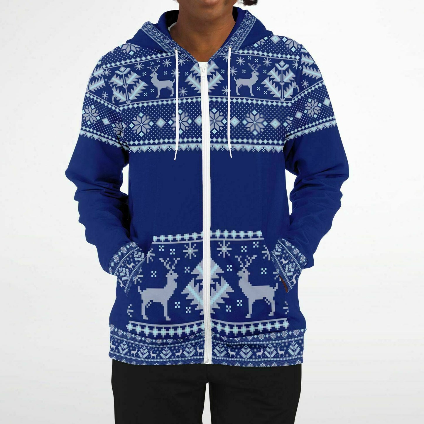 Dark Blue Deer Pattern Zip Hoodie Unisex