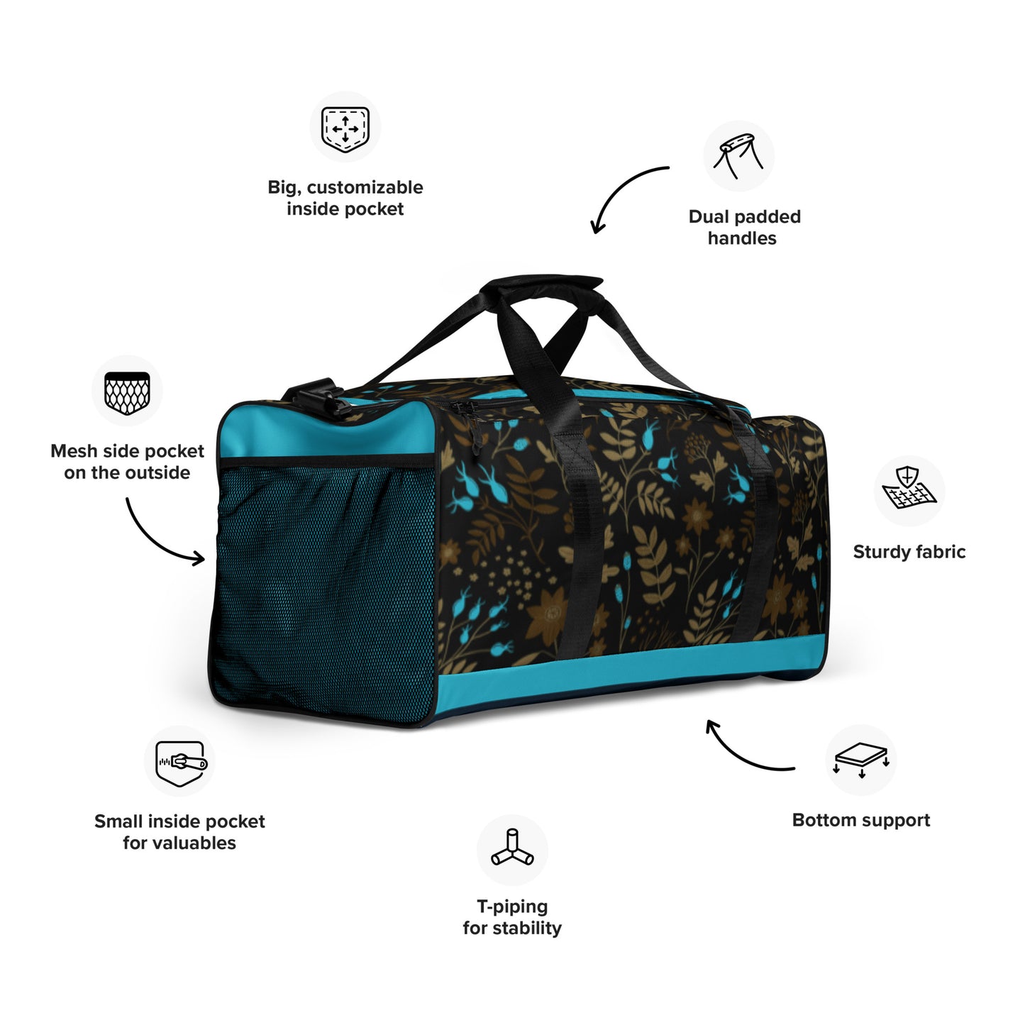 Dark Brown -Blue Flowers Duffle Bag