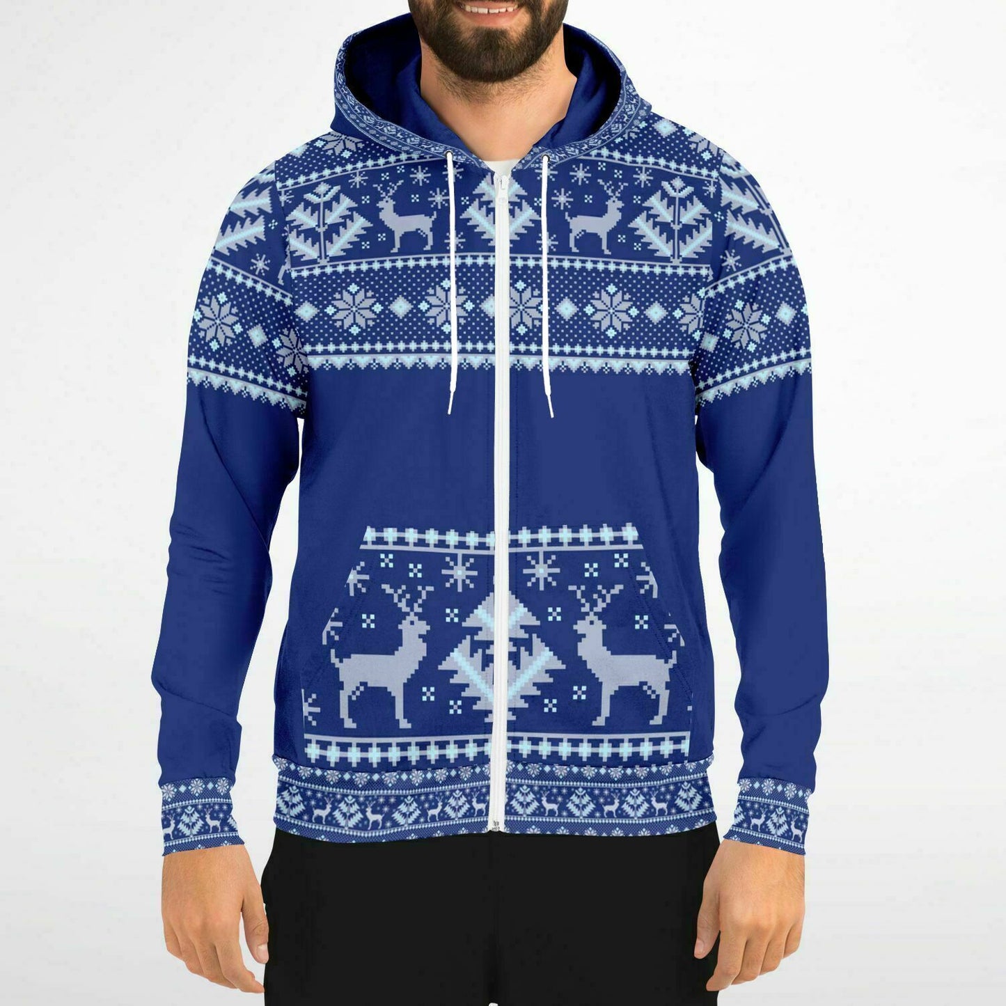 Dark Blue Deer Pattern Zip Hoodie Unisex