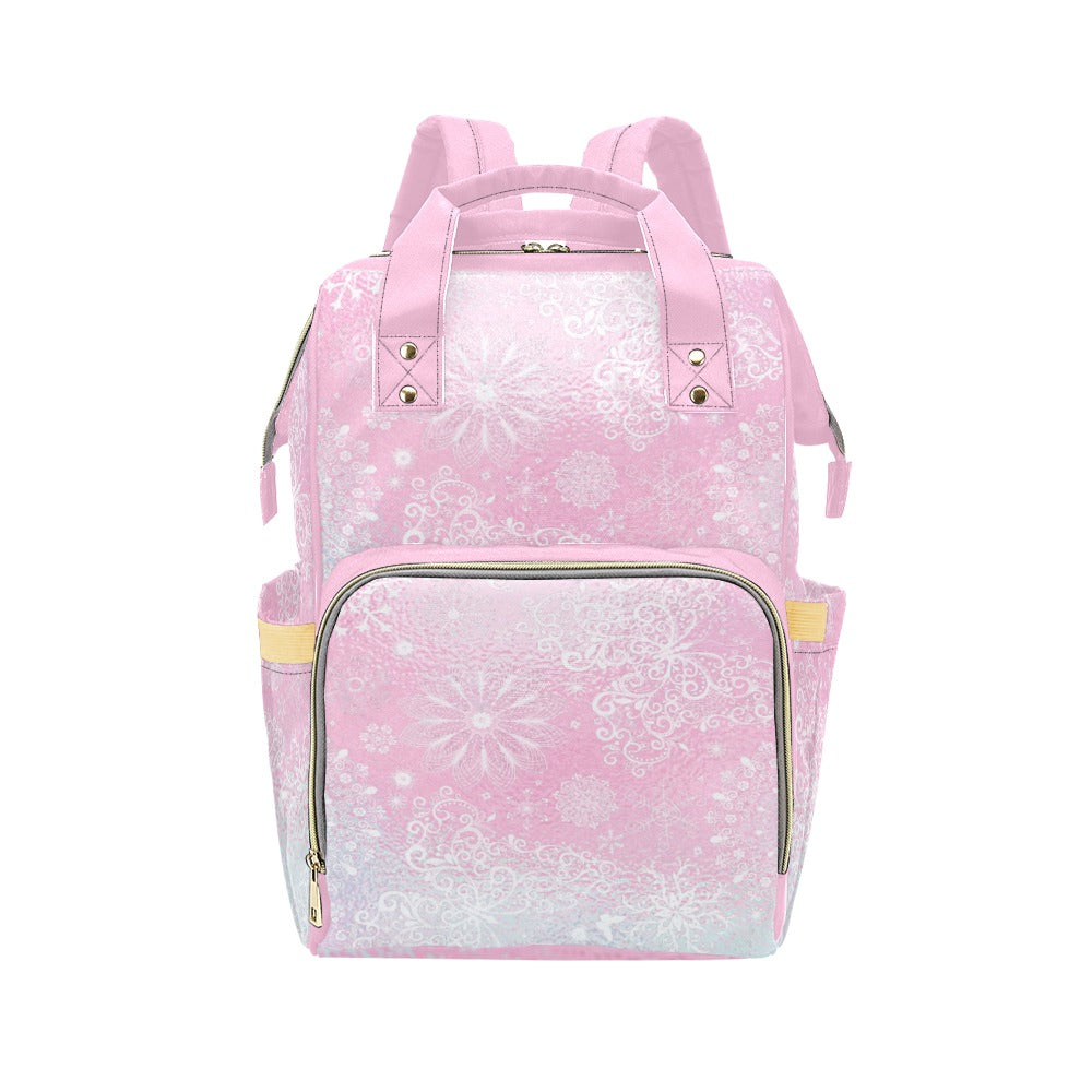 Snowflakes on Pink Glass Multipurpose Backpack/Diaper Bag