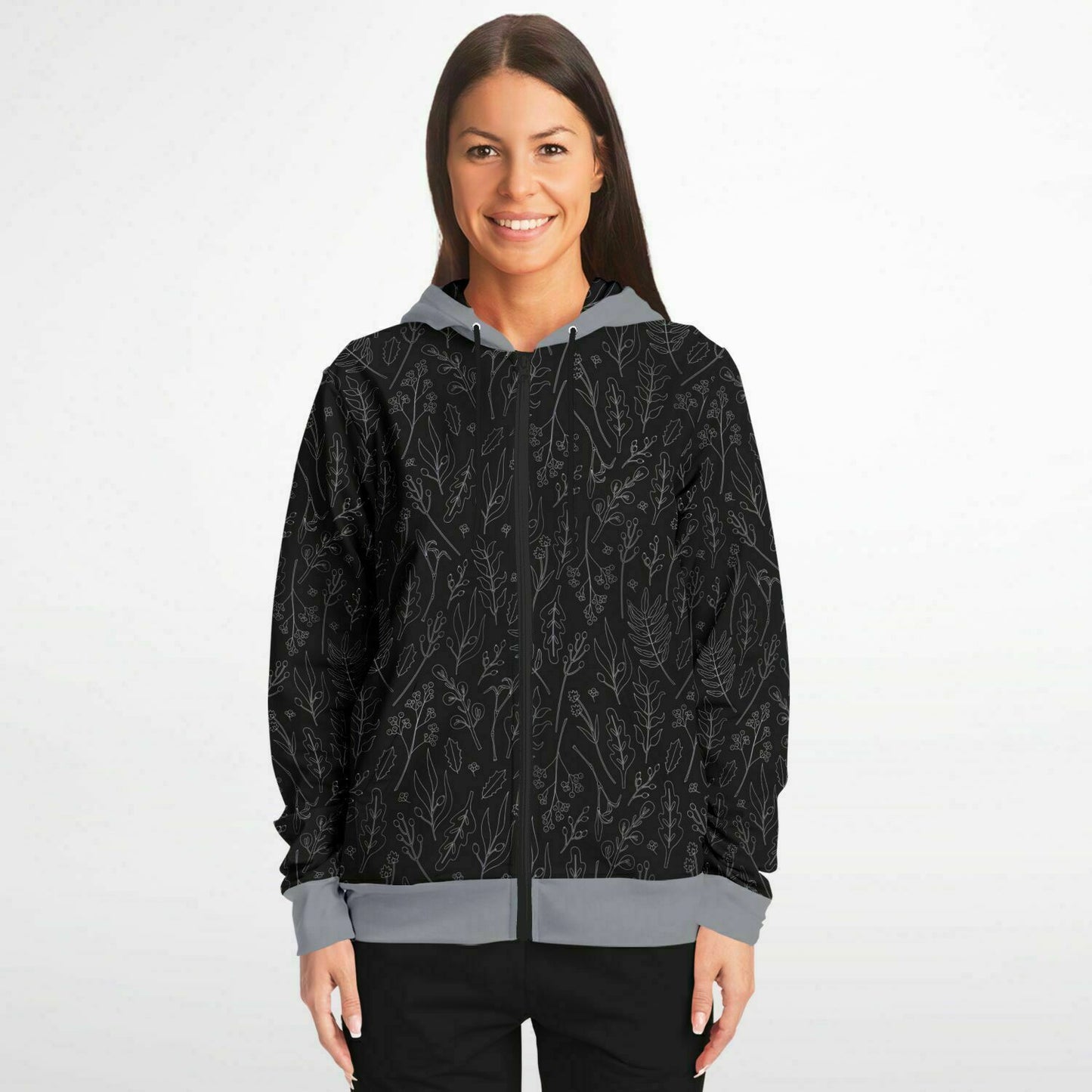 Black-Silver Leaves Zip Hoodie Unisex - silver hood 2