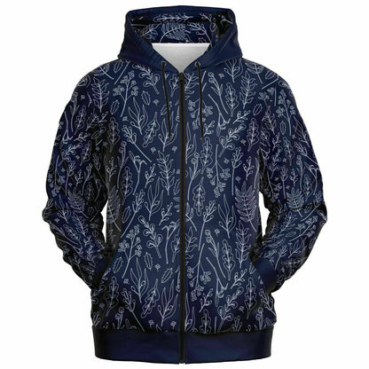 Blue Silver Leaves Zip Hoodie - extra bright