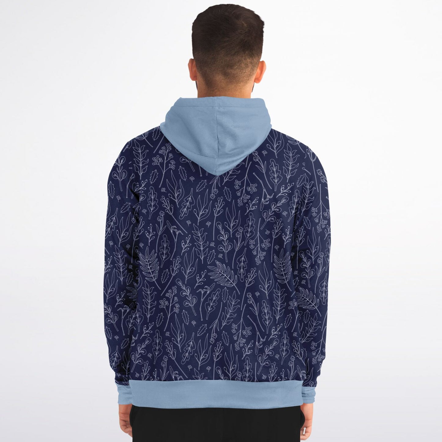 Blue Silver leaves Zip Hoodie - light blue hood