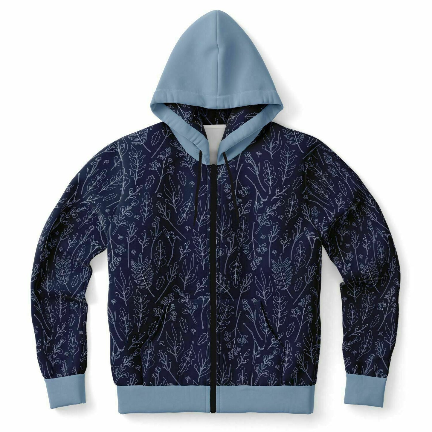 Blue Silver leaves Zip Hoodie - light blue hood