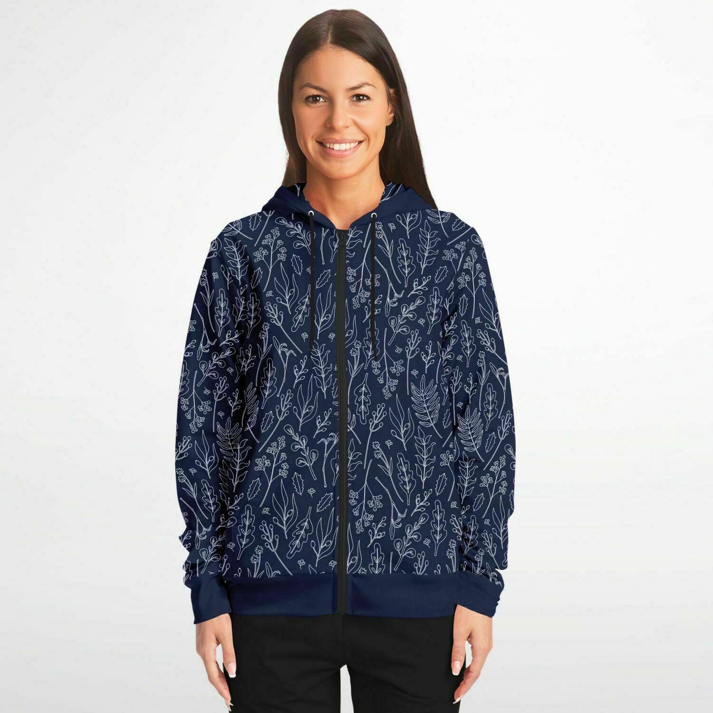Blue Silver Leaves Zip Hoodie - extra bright
