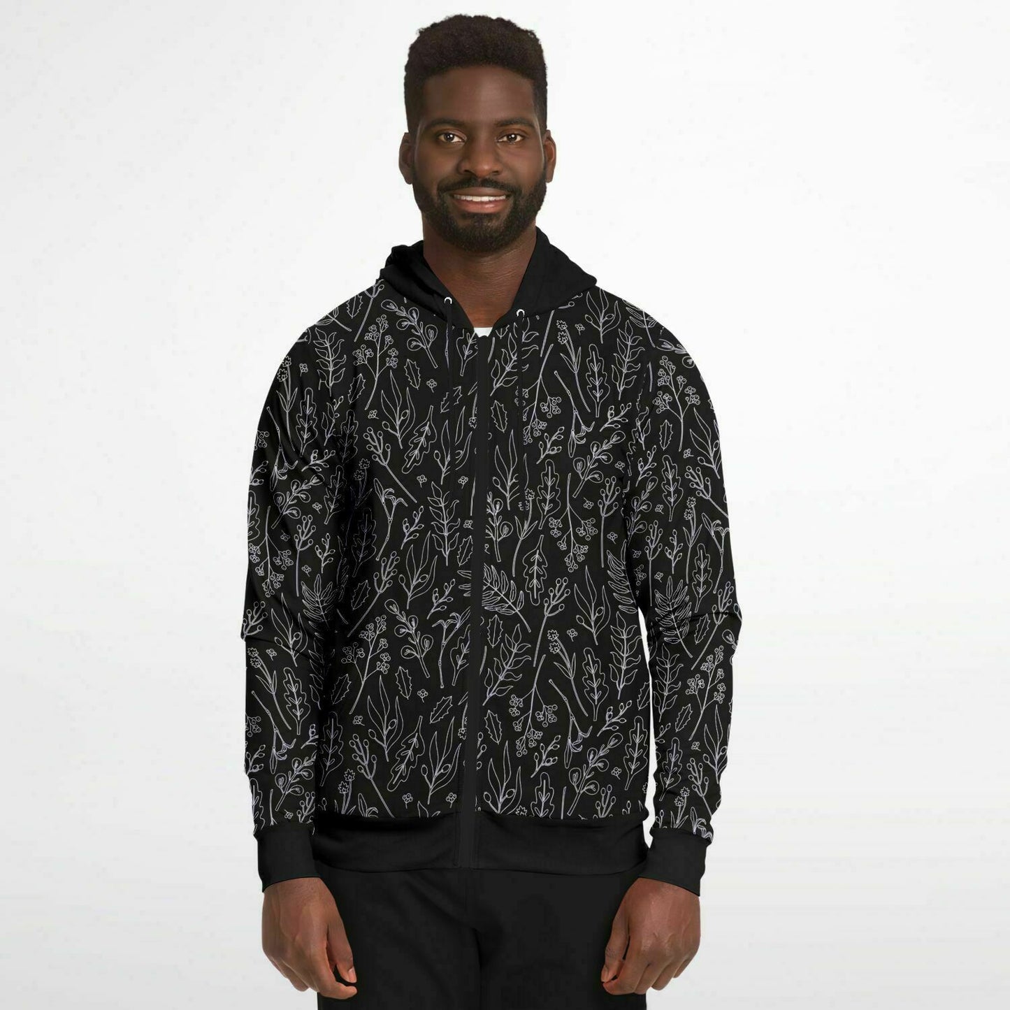 Black Silver Leaves Zip Hoodie - extra bright