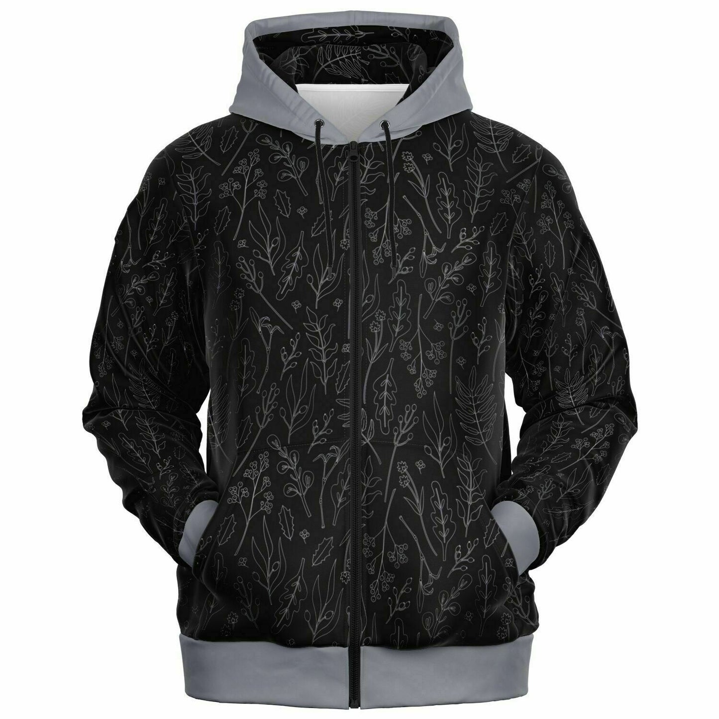 Black-Silver Leaves Zip Hoodie Unisex - silver hood 2