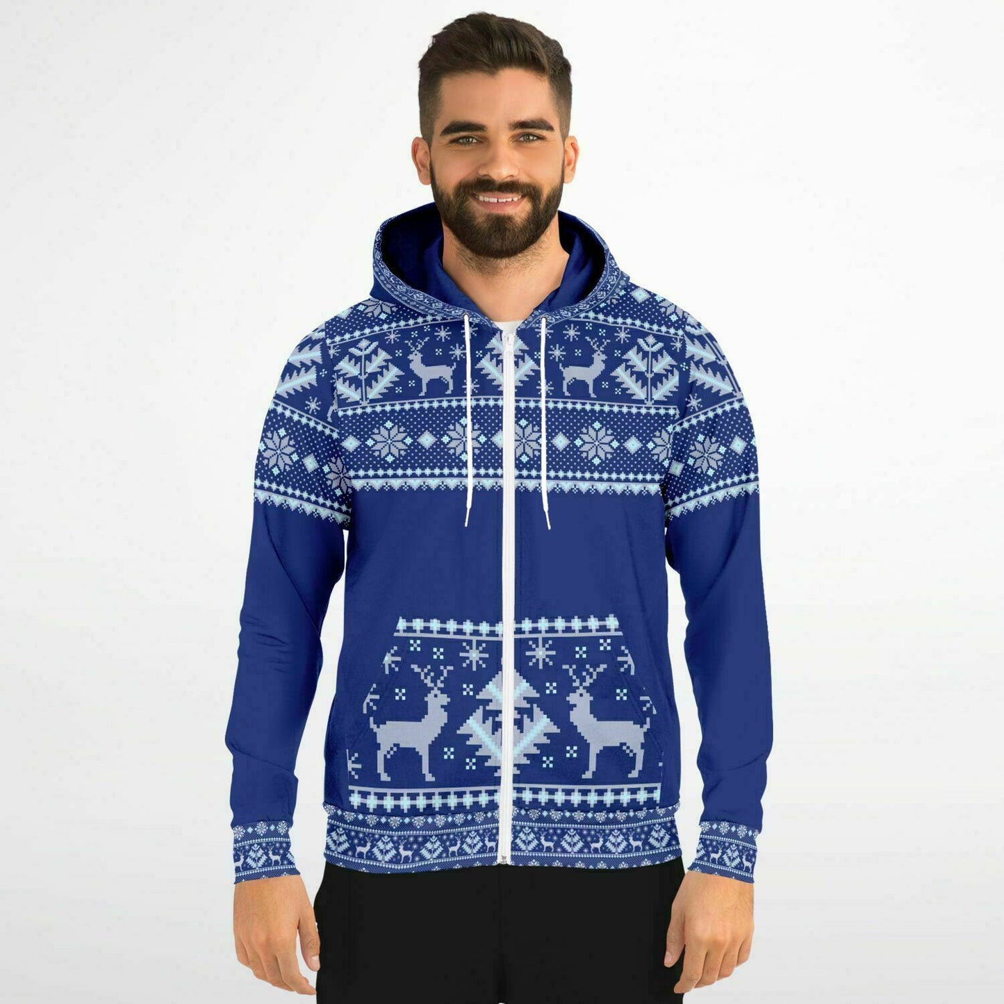 Dark Blue Deer Pattern Zip Hoodie Unisex