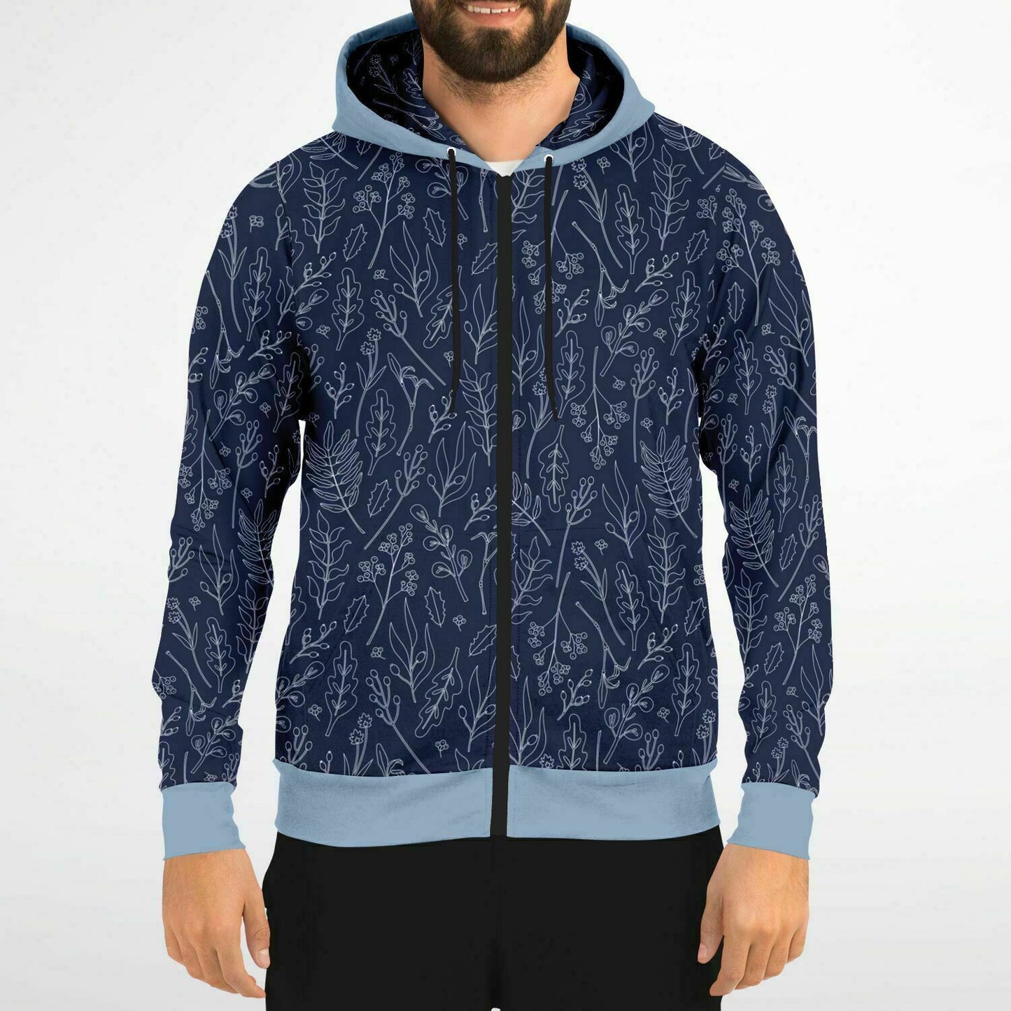 Blue Silver leaves Zip Hoodie - light blue hood