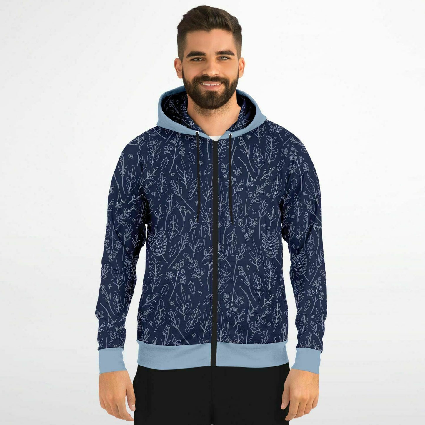 Blue Silver leaves Zip Hoodie - light blue hood