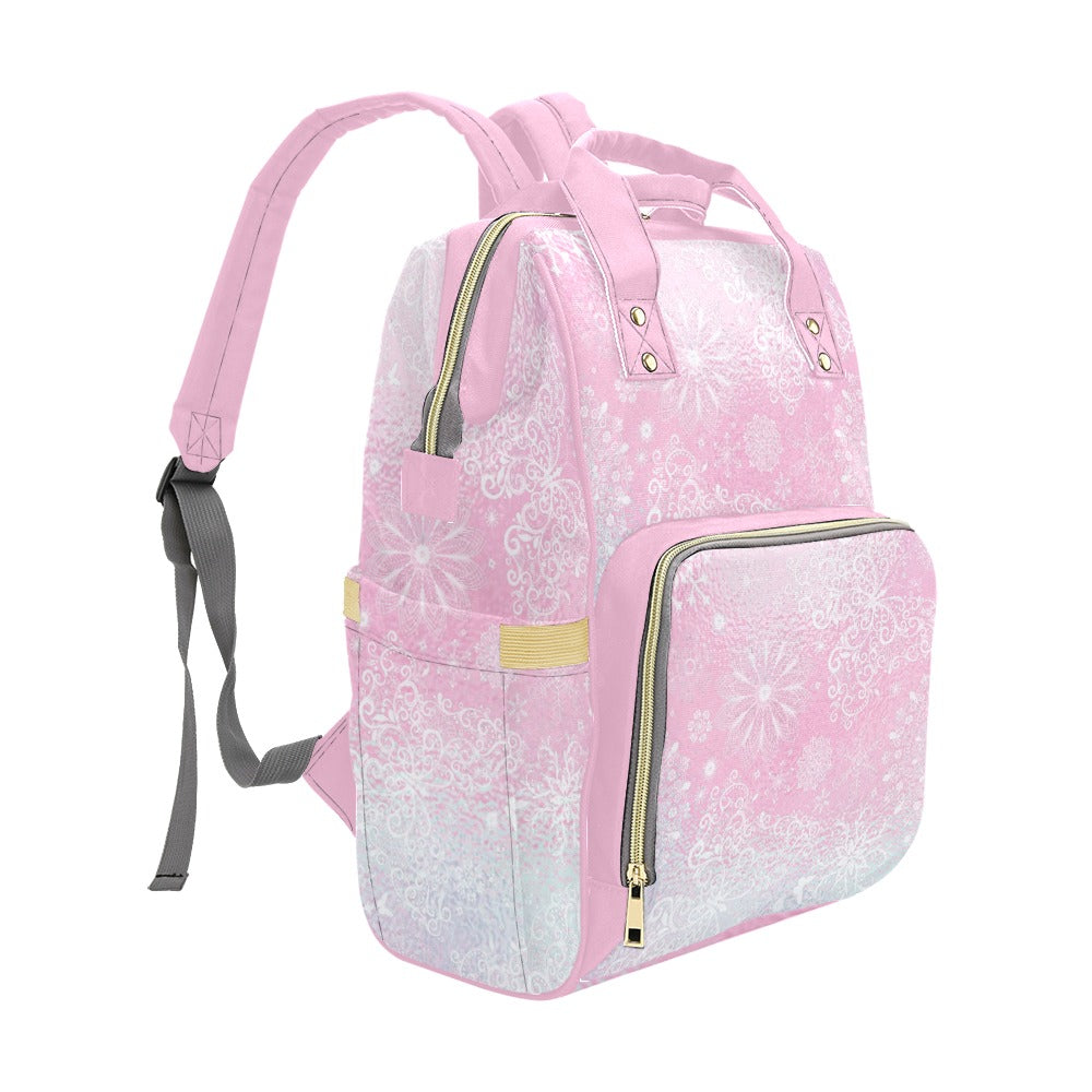 Snowflakes on Pink Glass Multipurpose Backpack/Diaper Bag