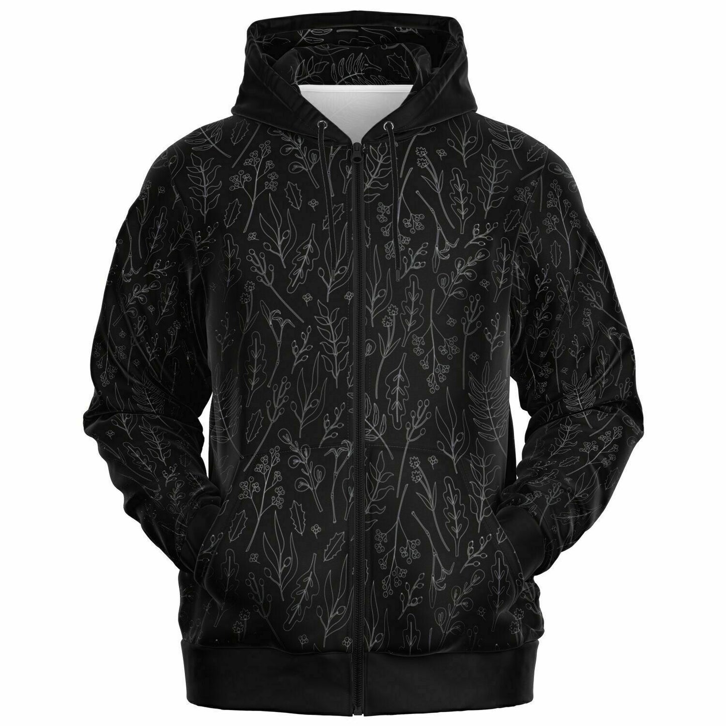 Black-Silver Leaves ZIp Hoodie - black