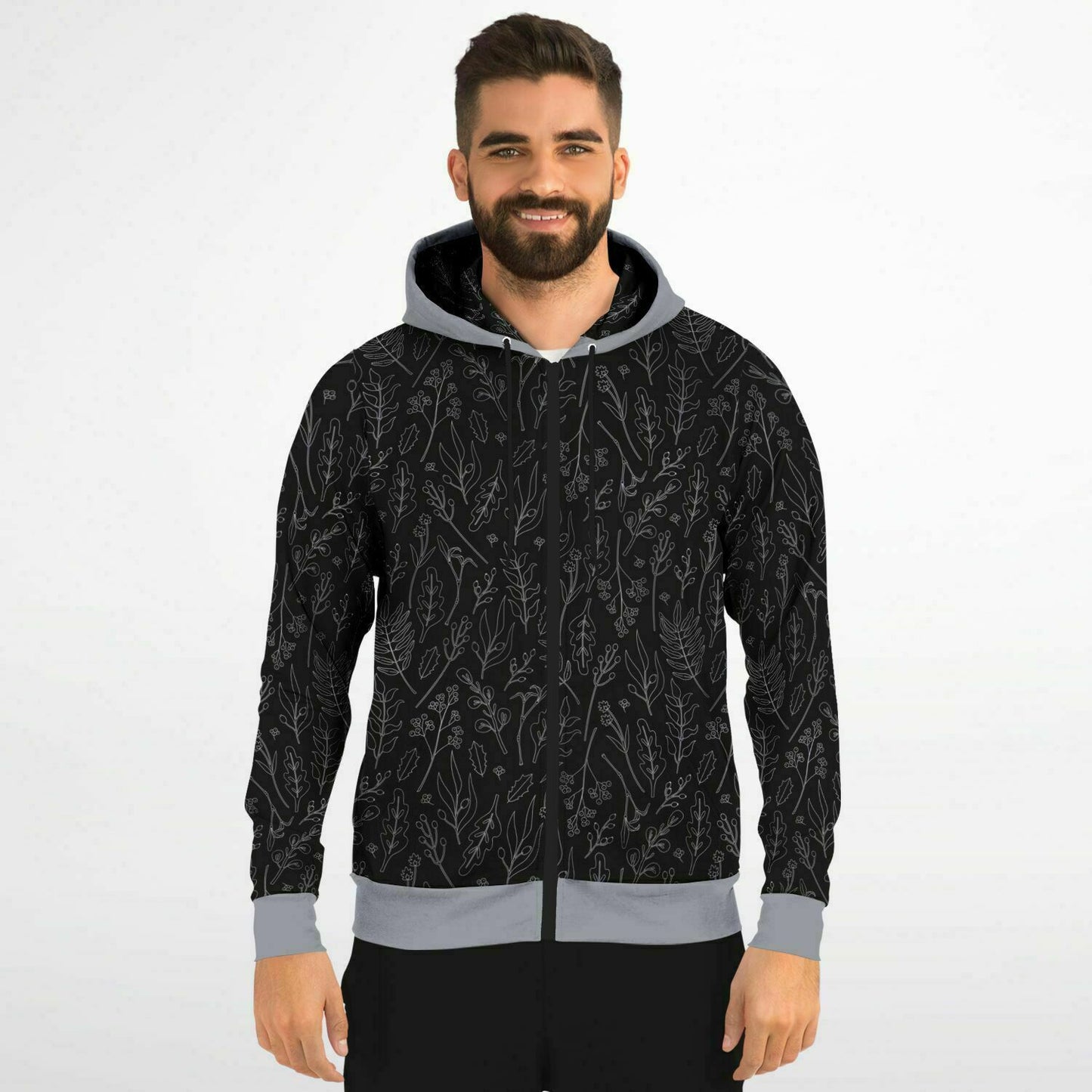 Black-Silver Leaves Zip Hoodie Unisex - silver hood 2