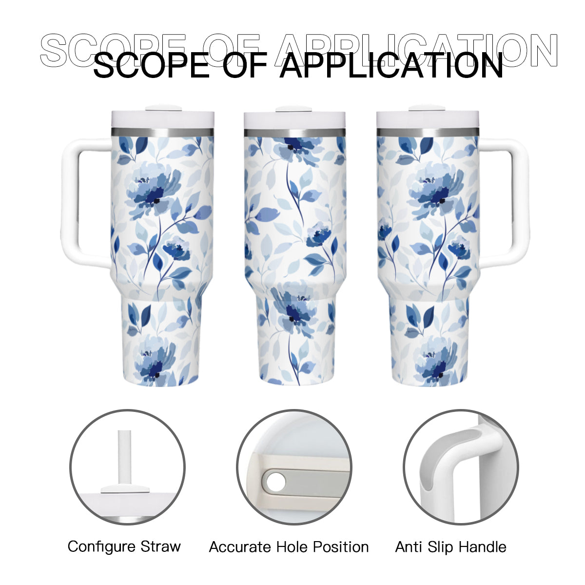 Large Capacity Tumbler with Handle(1100ml/40oz) | Stainless Steel 304 - BlueFlowers4