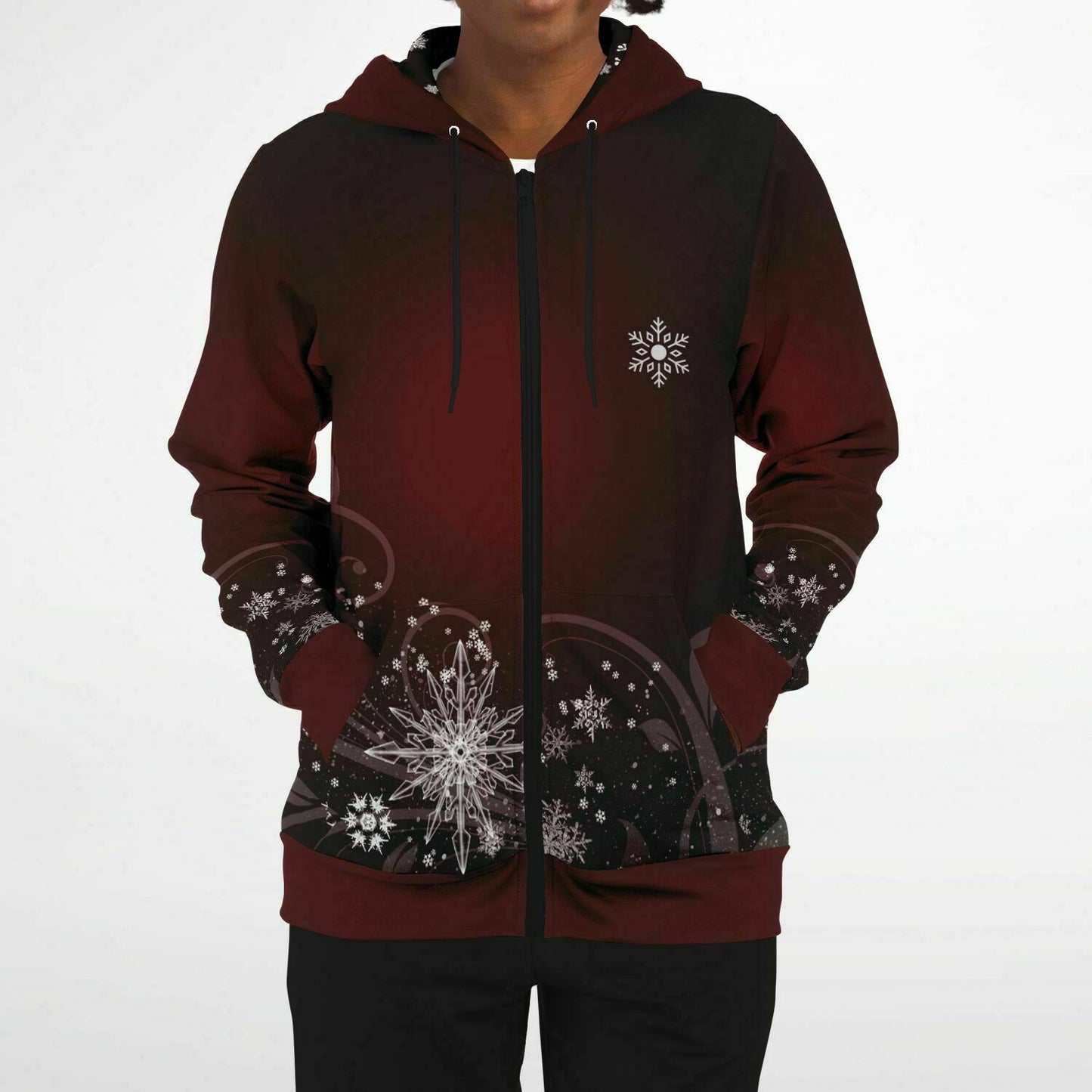 Dark Red Snowflake Zip Hoodie