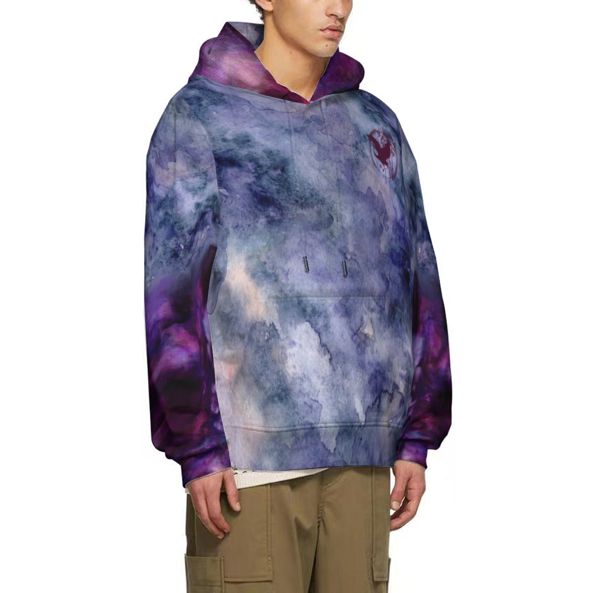 Marble Cotton Hoodie - grey/purple -dark red crane