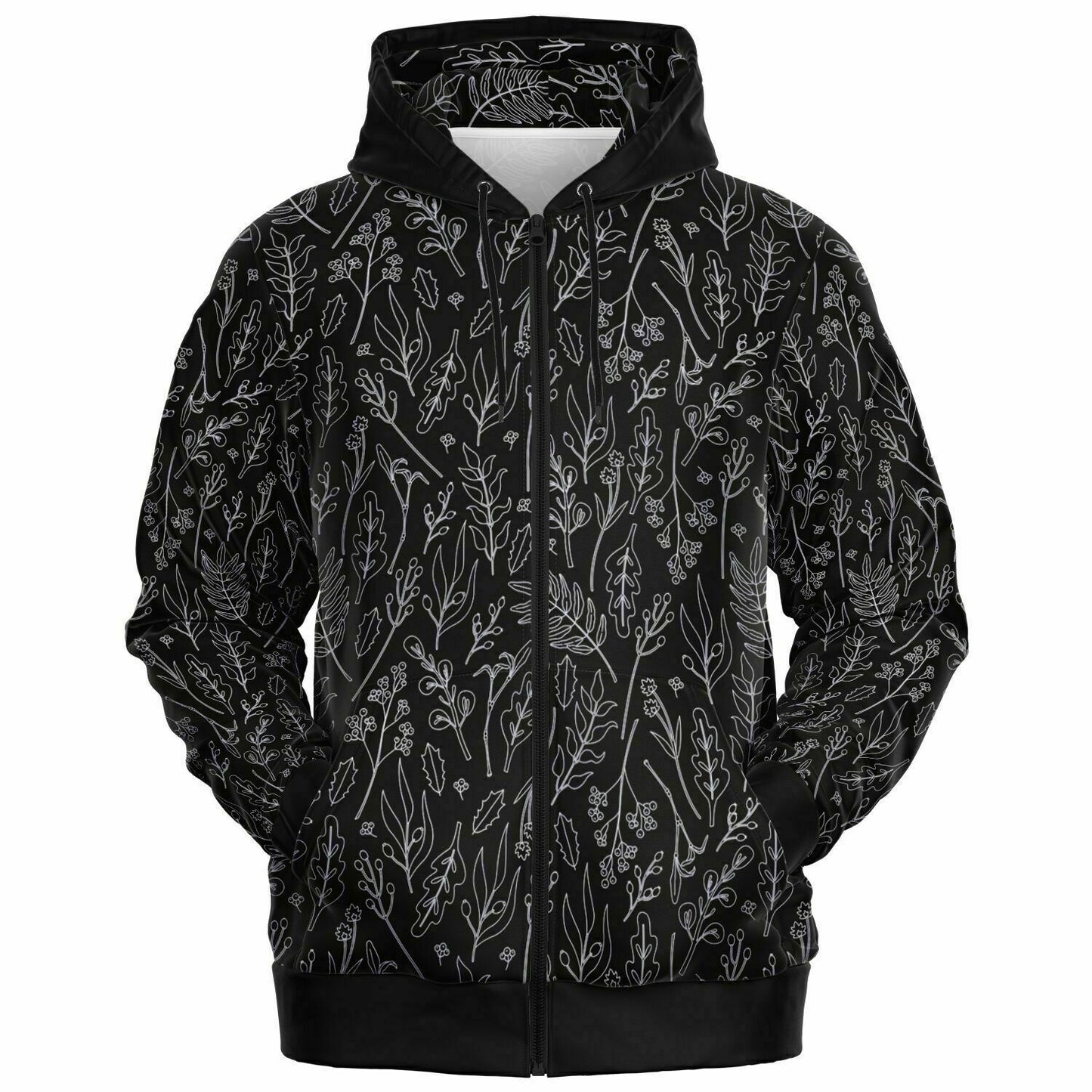 Black Silver Leaves Zip Hoodie - extra bright