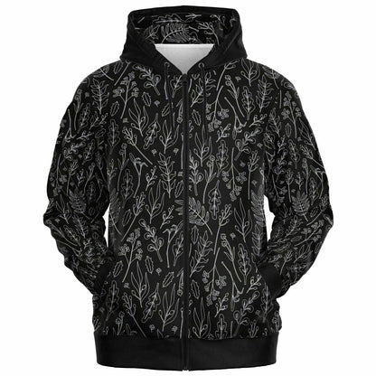 Black Silver Leaves Zip Hoodie - extra bright