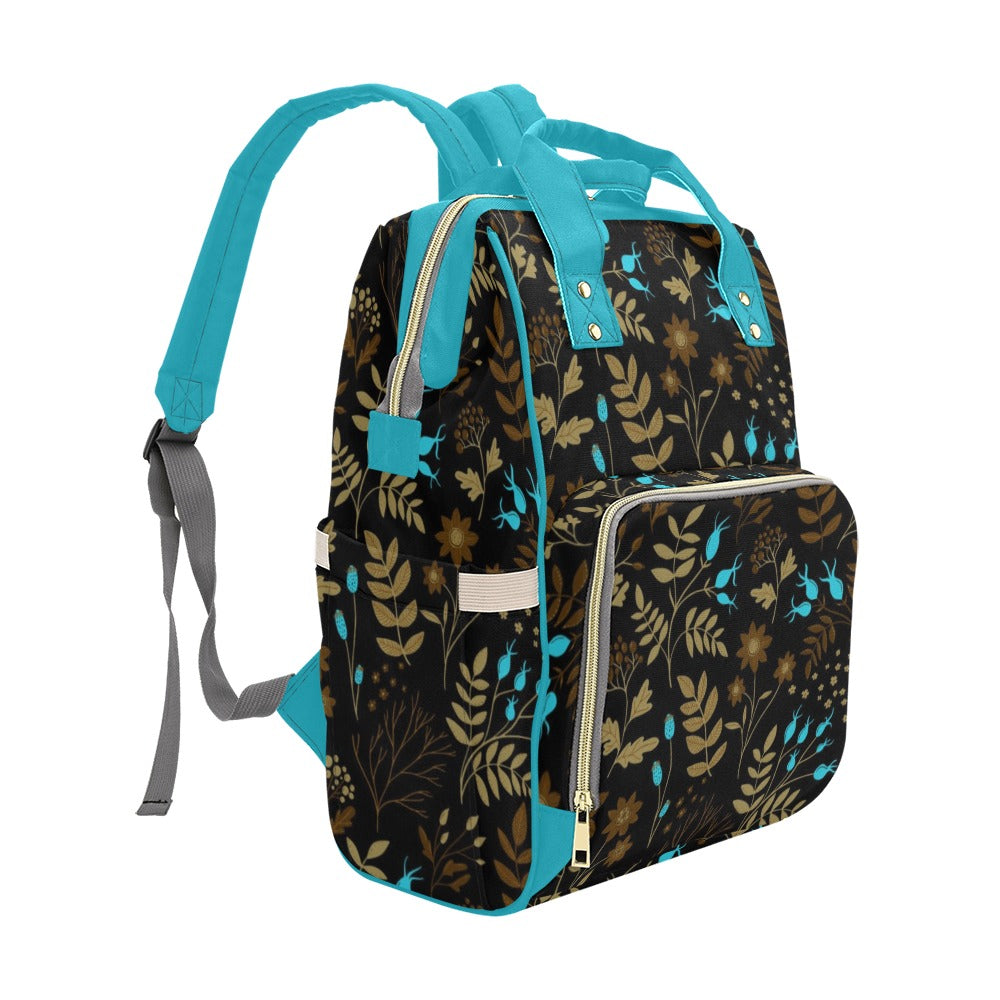 Dark Brown-Blue Flowers Multipurpose Backpack/Diaper Bag